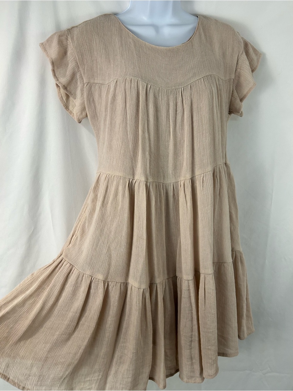 Bluiwy Tiered Gauze Mini Dress Flutter Sleeve Boho Taupe Size Small